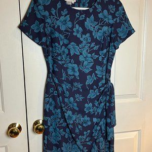 Talbots 6P faux-wrap short-sleeve shift dress navy & dark teal floral
